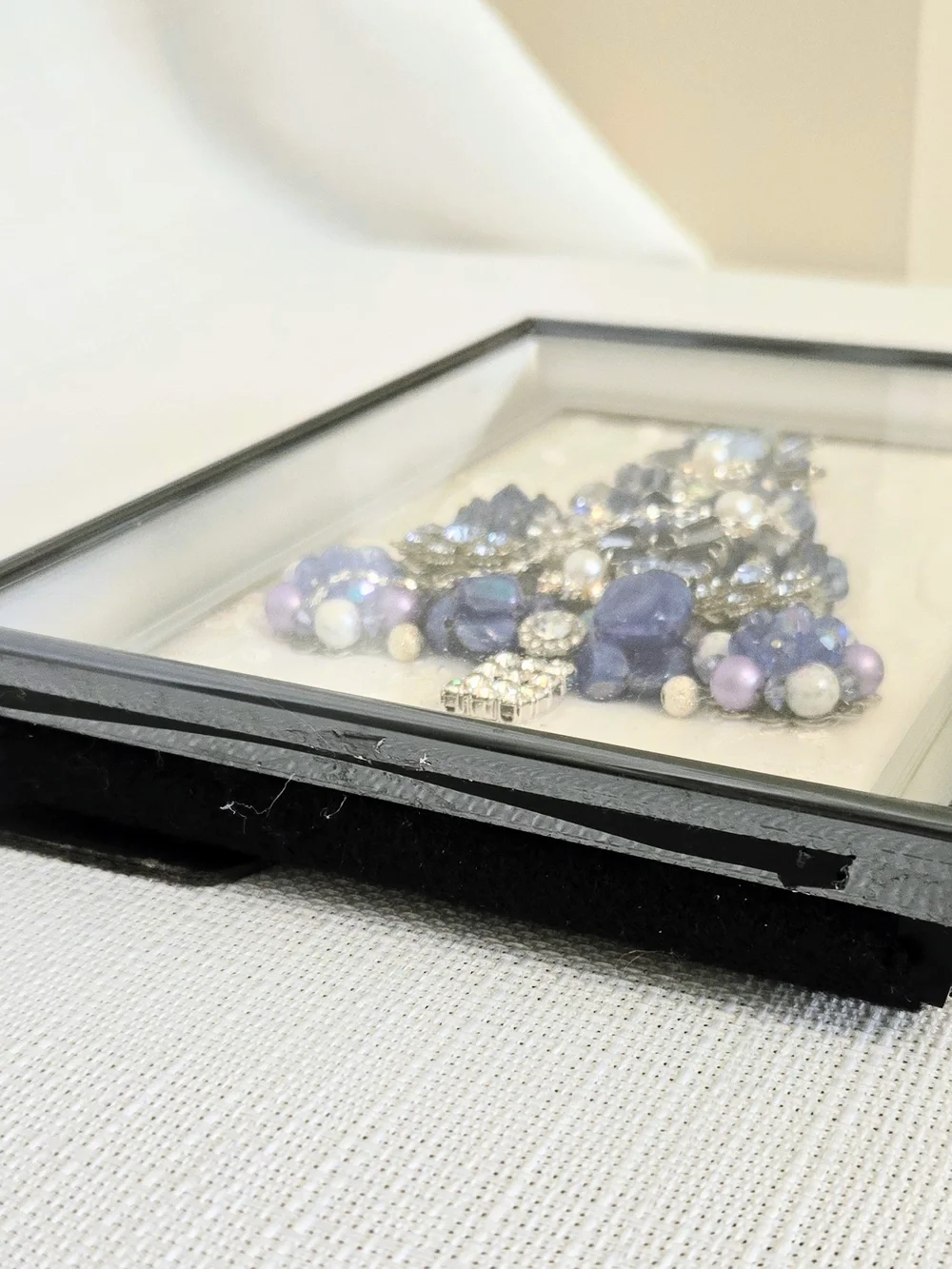 Vtg Costume Jewelry Framed Christmas Tree Blue Rhinestones Grandma's Brooch